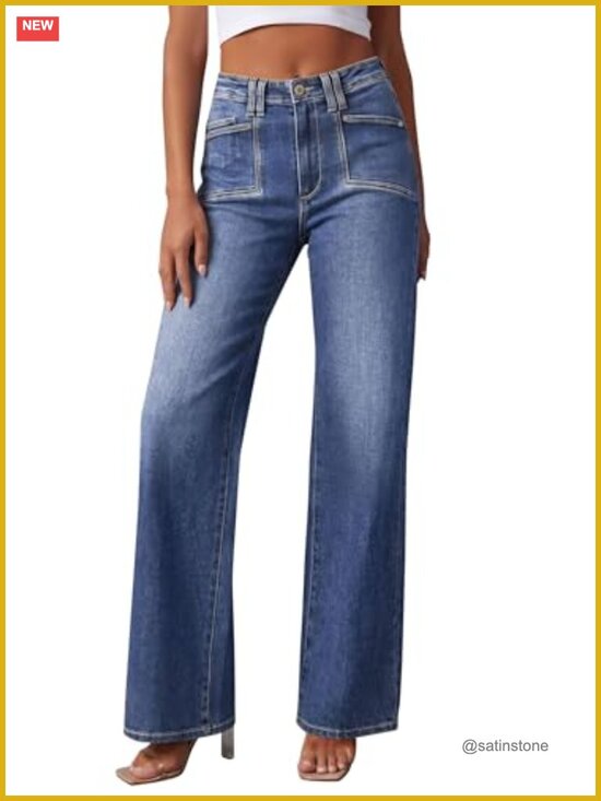 Denim - High Waisted Wide Leg Stretchy Denim Pants with Pockets
